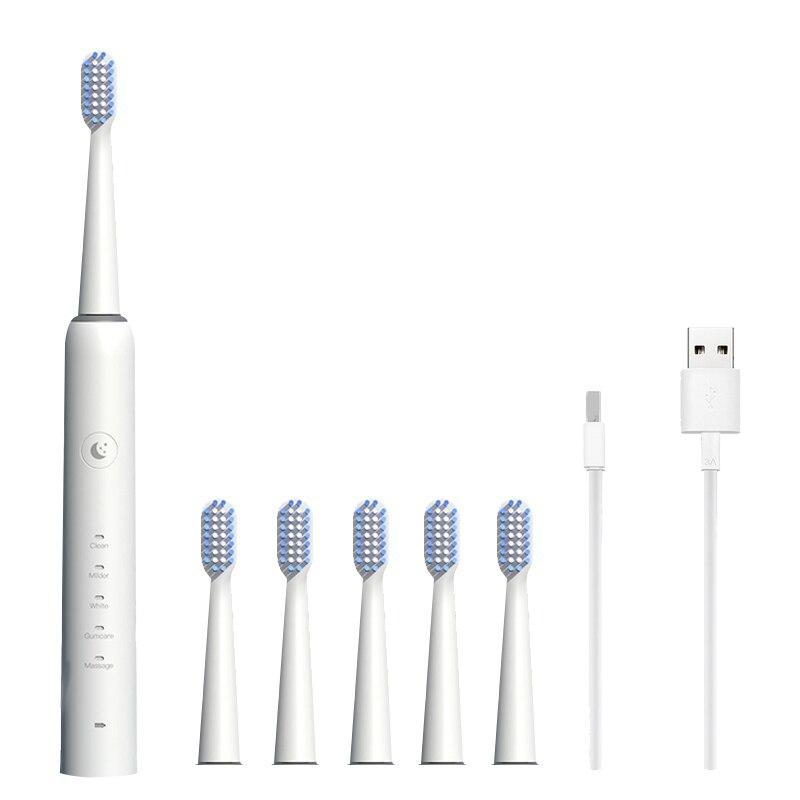 

Акустическая электрическая зубная щетка с полой чашкой, IPX7, водонепроницаемый черный и белый корпус, 6 насадок, автоматическая зубная щетка