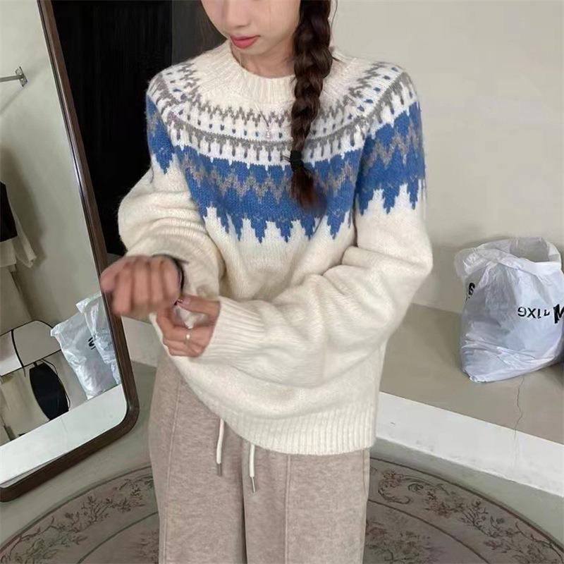 Gentle wind pullover sweater women's loose autumn and winter wear autumn and winter new retro knitted crew neck top