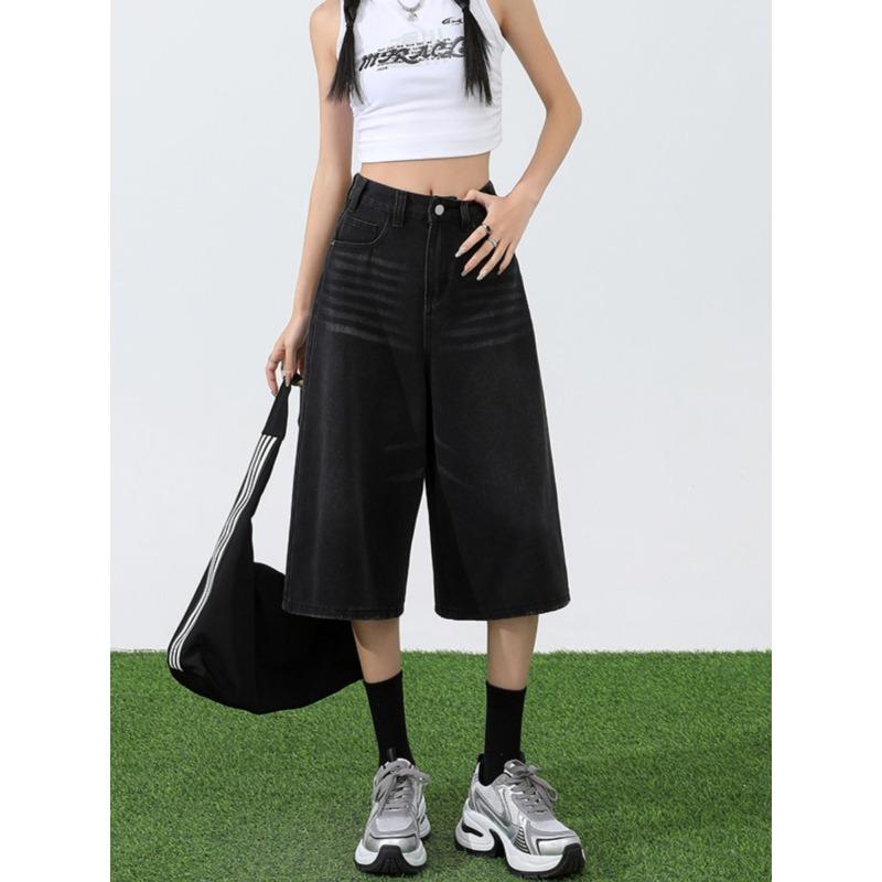 Women's Summer Vintage Simple Casual Denim Capri Pants Female Streetwear Y2K High Waist Loose Straight Wide Leg Jeans Pantalones