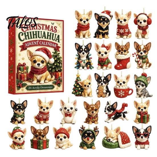 Pet Themed Holiday Party Supplies 24 Day Dog Advent Calendar, Cute 2D Flat Chihuahua Hanging Ornaments, Calendar Different Acrylic Pendants