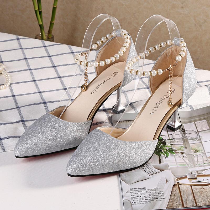 Fashion Elegant Pearl Pointed Toe Mid Heel Pumps For Women