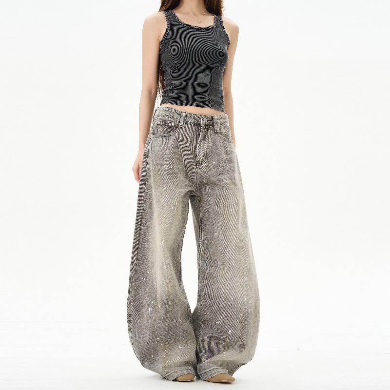 

JYL Унисекс Джинсы с брызгами чернил Винтажная стирка Bootcut Свободные Модные Джинсовые Брюки 2XL античный рубиновый