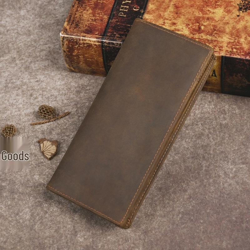 Vintage Crazy Horse Leder Herren Bifold Geldbörse - Echtes Vollnarben-Rindsleder Lange Geldbörse mit Geldklammer