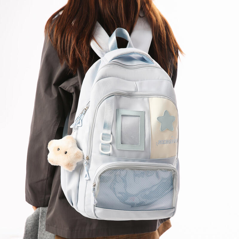 Cute Nylon Backpack for Women – Star Patch Design School Bag with Front Pocket for Everyday Use