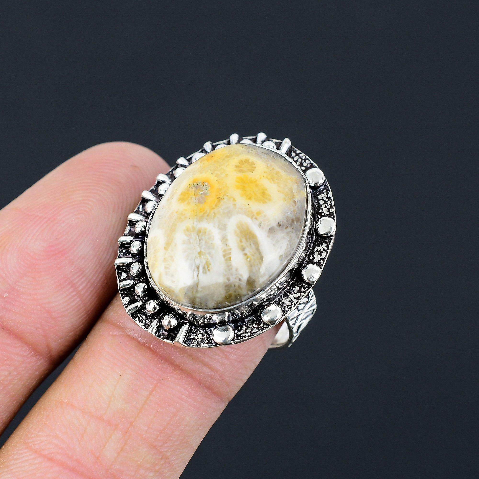 Halloween Deal Fossil Coral Stone Promise Anniversary Birthday Ring 925 Silver 9