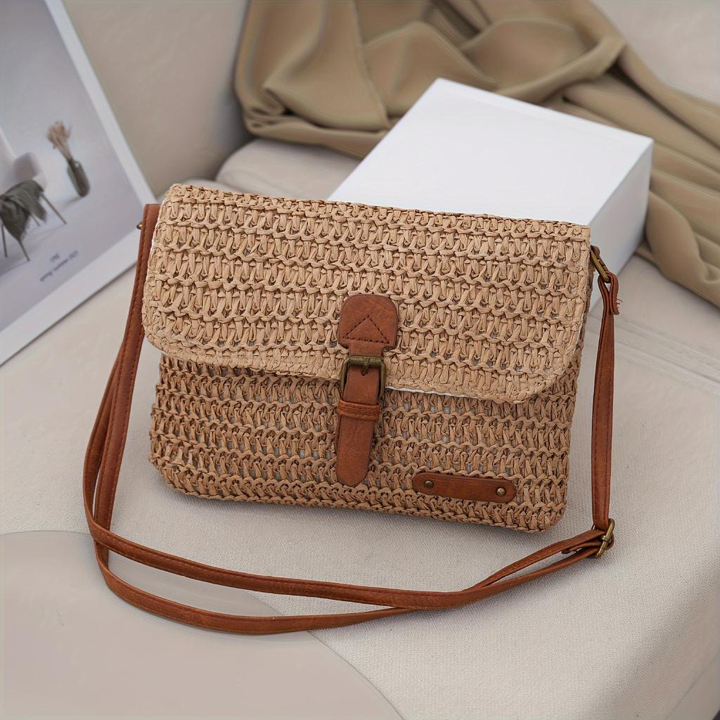 Vintage Woven Straw Messenger Bag, Small Papyrus Crossbody Bag for Women, Retro Travel Beach Bag with Adjustable Strap
