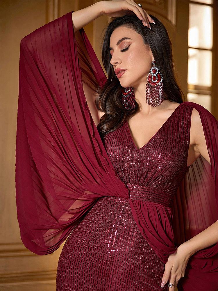 KY810 European Wine Red V-neck Sequin Evening Gown