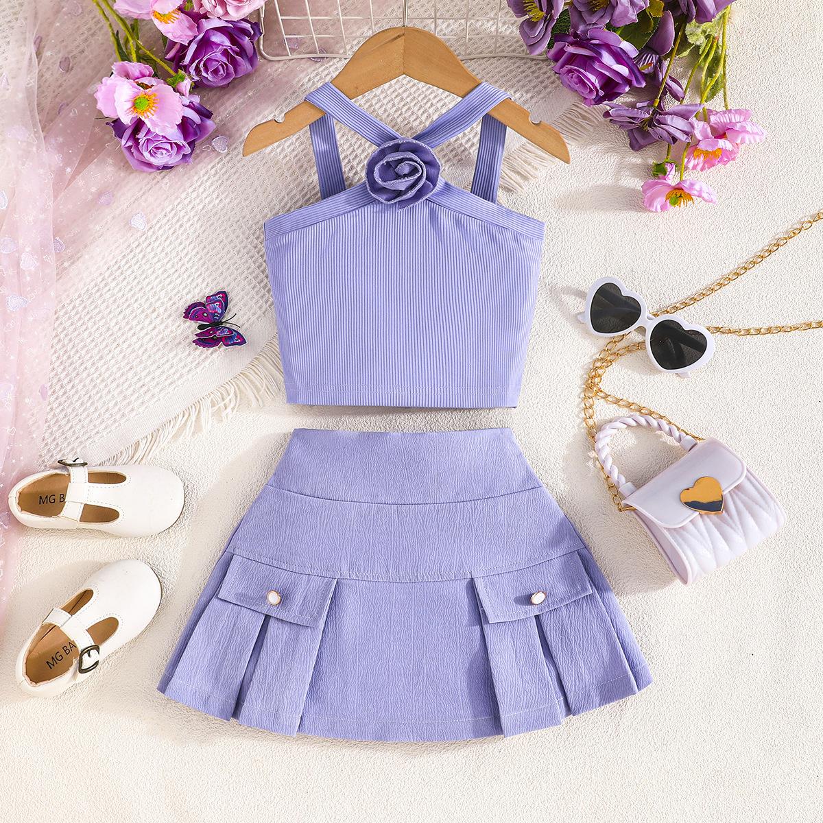 

Детская одежда 9M-5Y Летняя мода Топ с бретельками через шею и цветочным принтом + Юбка-бюстье Модный комплект для девочек 4-5Y фиолетовый