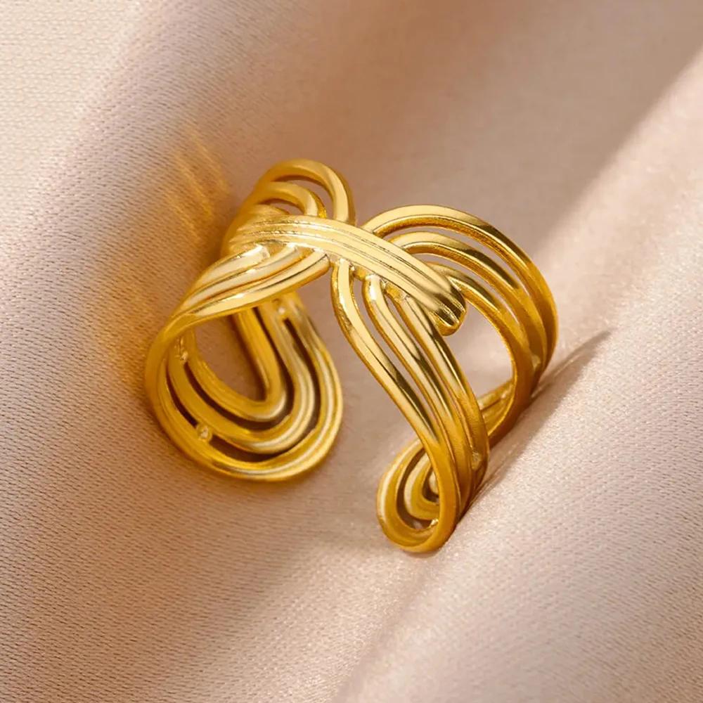 Stainless Steel Rings For Women Men Gold Color Hollow Wide Open Ring Female Male Fashion Wedding Party Finger Jewelry Gift