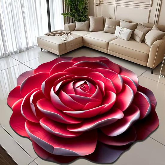 3D Rose Flower Area Rug Non-slip Washable Absorbent Plush Floor Mat Irregular Floral Carpet Indoor Living Room Bedroom Bathroom Kitchen Decoration
