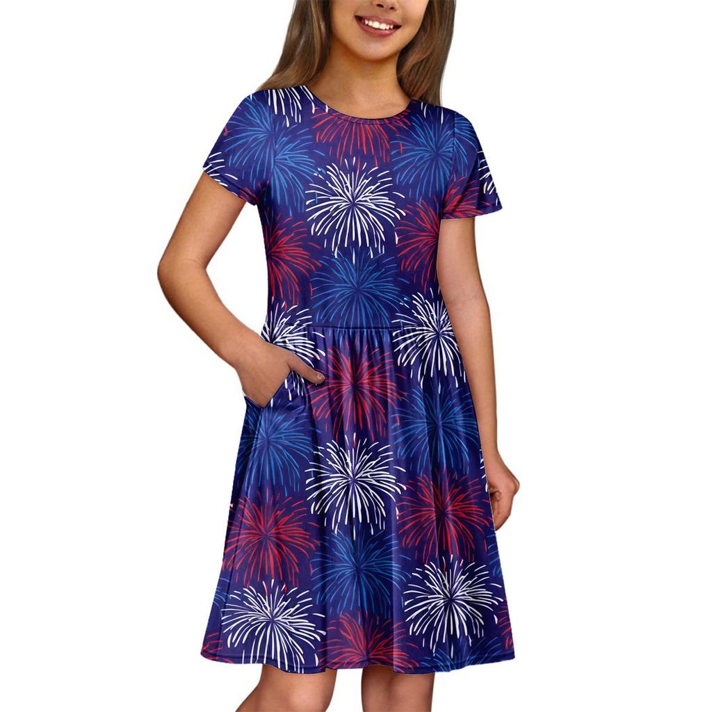 Mädchen Sommerkleid Einfarbig & Druck Ärmelloses Kleid mit Tasche Freizeitkleid Kurzarm Partykleid