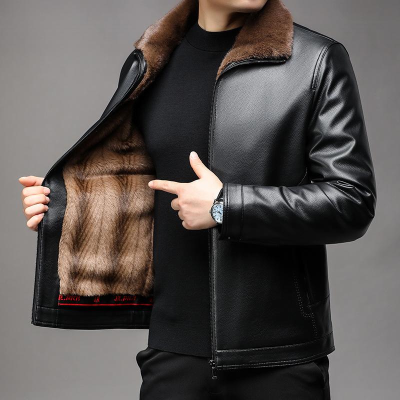 New Style Leather Jacket for Men with Velvet and Thickening for Middle-aged and Elderly Men with Fur Integrated Winter Daddy Lapel Warm Leather Jacket