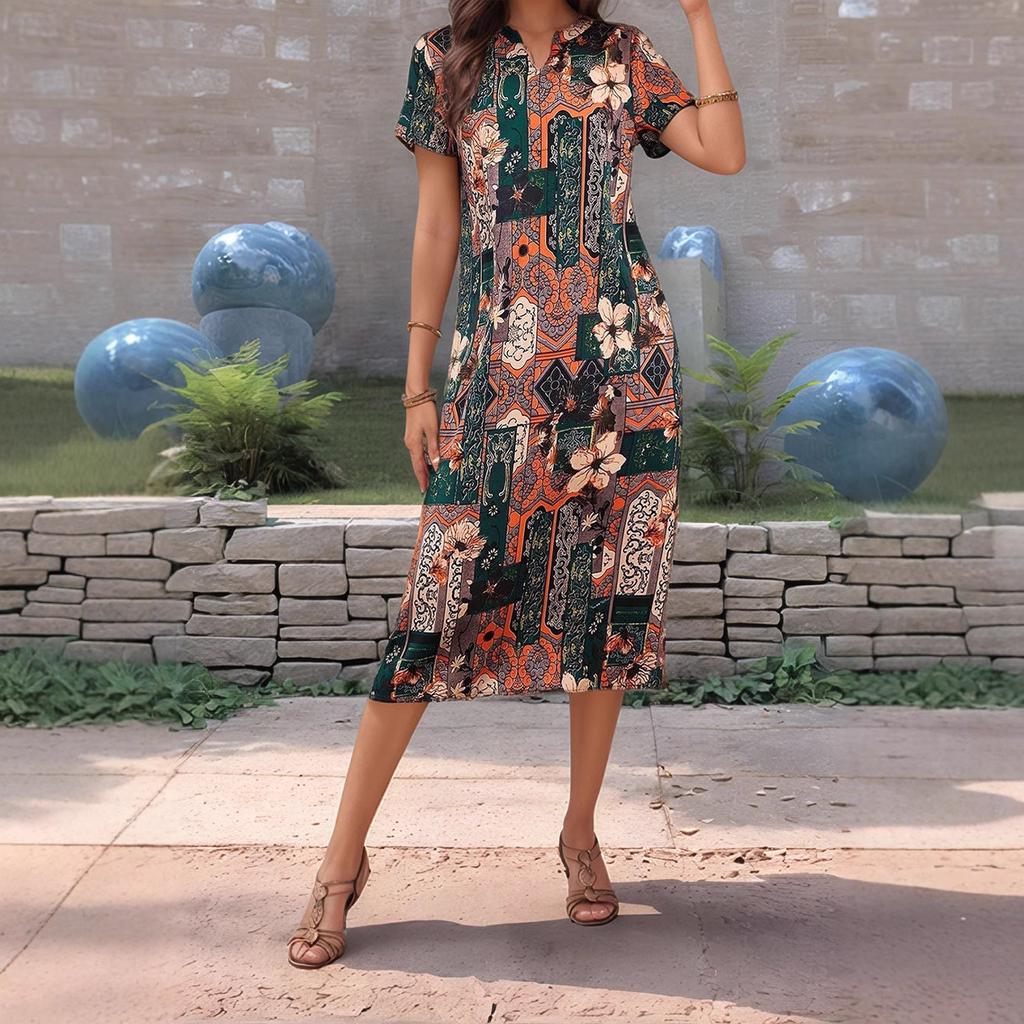Women's Short-sleeved V-neck Retro Style Printed Elegant Midi Dress