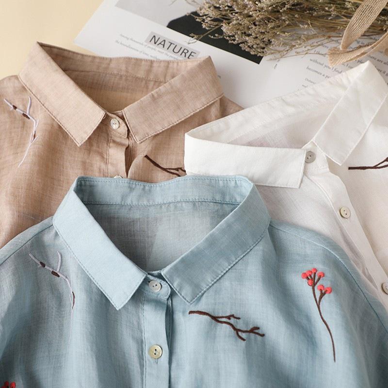 Summer Seven Point Cotton Linen Embroidered Shirt for Women Literary Loose Temperament Lapel Casual Top for Women Tops