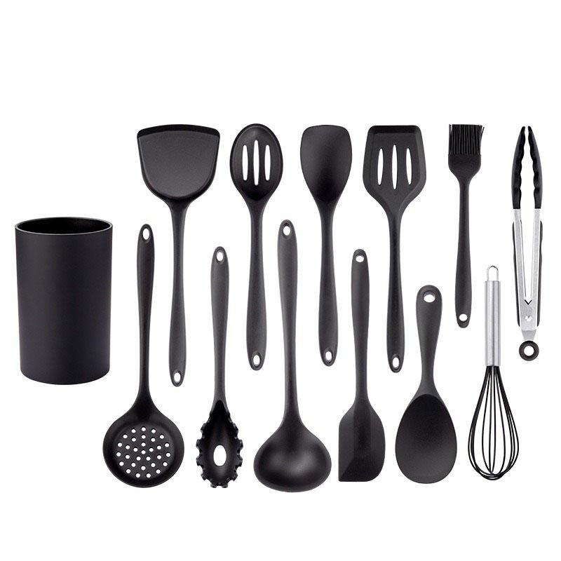 Set Utensili da Cucina in Silicone Nero Antiaderente Padella Strumenti da Forno Utensili da Cucina Mestolo Forato Spatola Cucchiaio Pinze da Cucina Kit Cucina