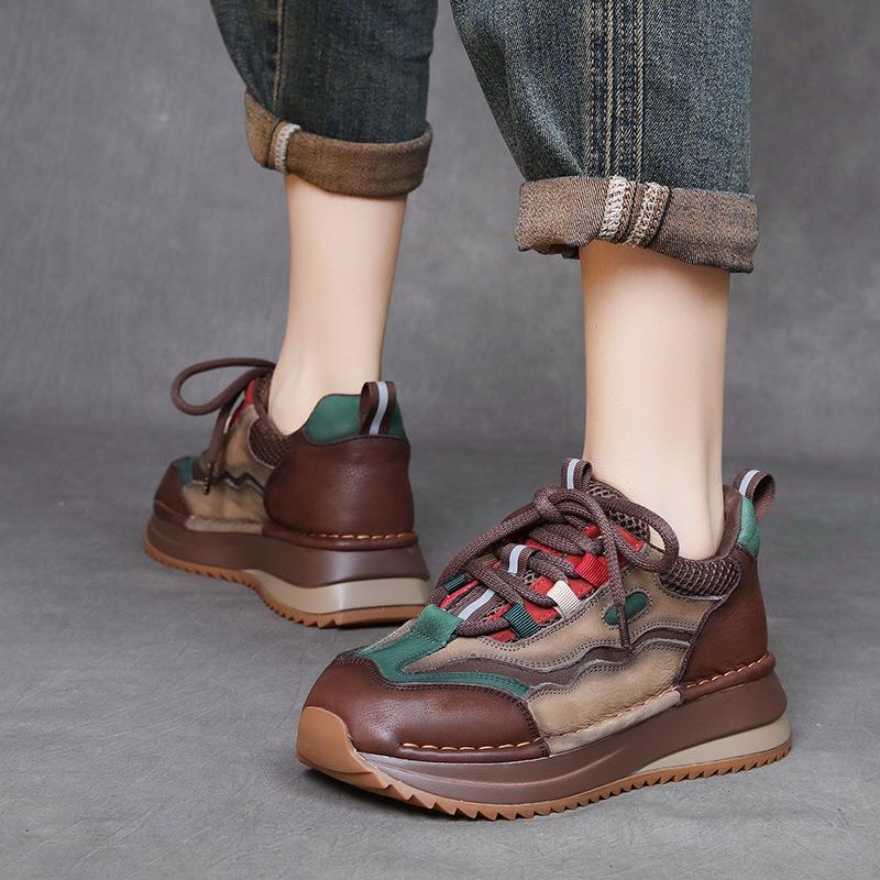 Adidași noi din piele naturală pentru damă, pantofi cu talpă moale, culori mixte, cu șireturi, platformă groasă, vârf rotund, pantofi de damă
