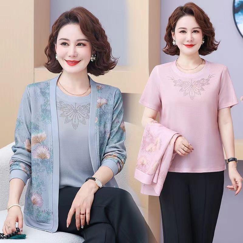2PCS Knitted Tops Set Women Thin Knitted Cardigan Printed Short Sleeve Knitted T-Shirt Plus Size Open-front Knitted Jacket T-Shirt Outfits