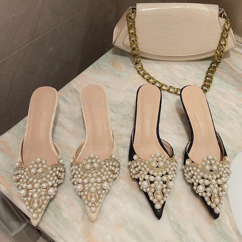 Spring Autumn Fashion Sexy Women's Shoes Elegant String Bead Crystal Patchwork Slip-On 35-42 Thin Heels Slipper NEW 2025 Ladies