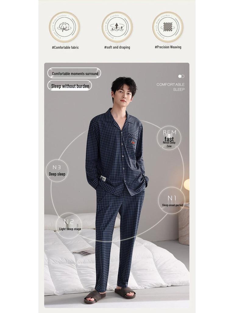 Men's Autumn Cotton Pajama Set - Cardigan, Long Sleeve Top & Pants, Casual High-End Home Wear