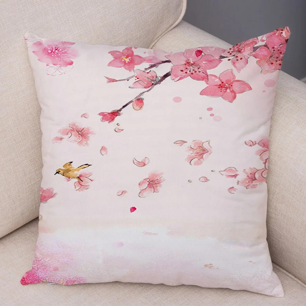 Pink Peach Blossom Cushion Cover Decor Watercolor Cartoon Plant Tree Pillow Case for Sofa Home Car Soft Plush Pillowcase 45x45cm