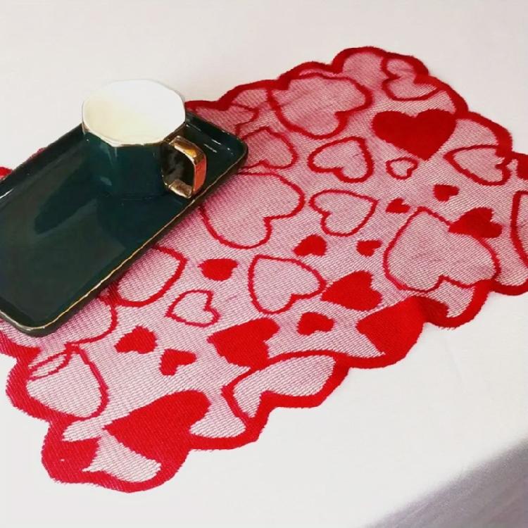 5Pcs Valentines Theme Lace Table Runner and Placemat Set with Heart Pattern Romantics Weddig Anniversaries Dinner Decors