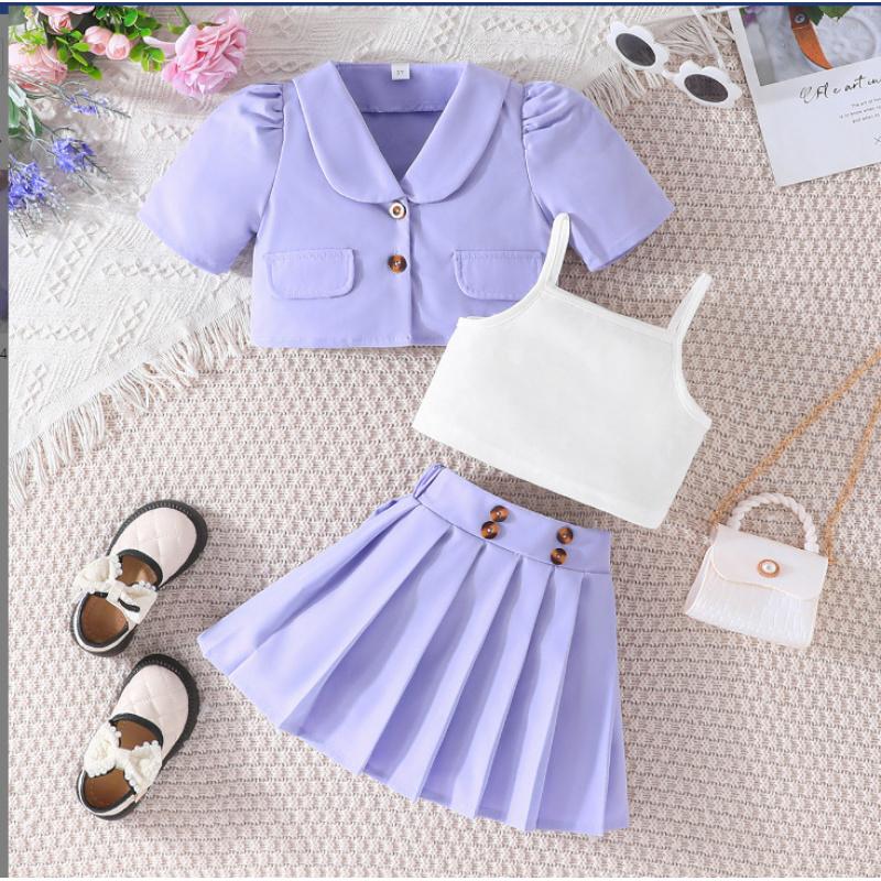 

Summer Girls New Short Sleeve Short Jacket White Short Camisole + Pleated Short Skirt Three-Piece Set 8Y фіолетовий