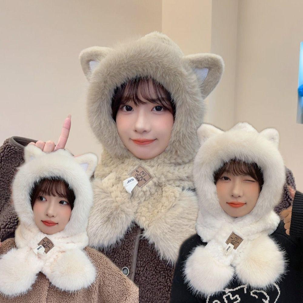 Cute Plush Beanie Hat Ear Protection Pullover Hats New Hat Scarf Kit for Girls Women