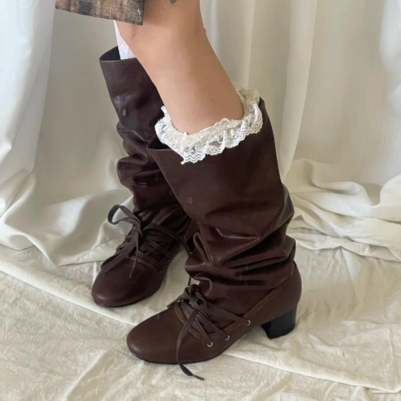 Sheepskin version retro round head strap pleated stacking boots women s thick heel high boots 2025 new western cowboy boots 35 4679₽