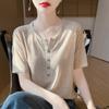Women's Spring and Summer Thin Elegant Half Open Neck Worsted Knit Short Sleeve Casual T-Shirt Top
