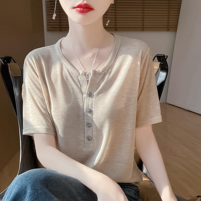 Women's Spring and Summer Thin Elegant Half Open Neck Worsted Knit Short Sleeve Casual T-Shirt Top