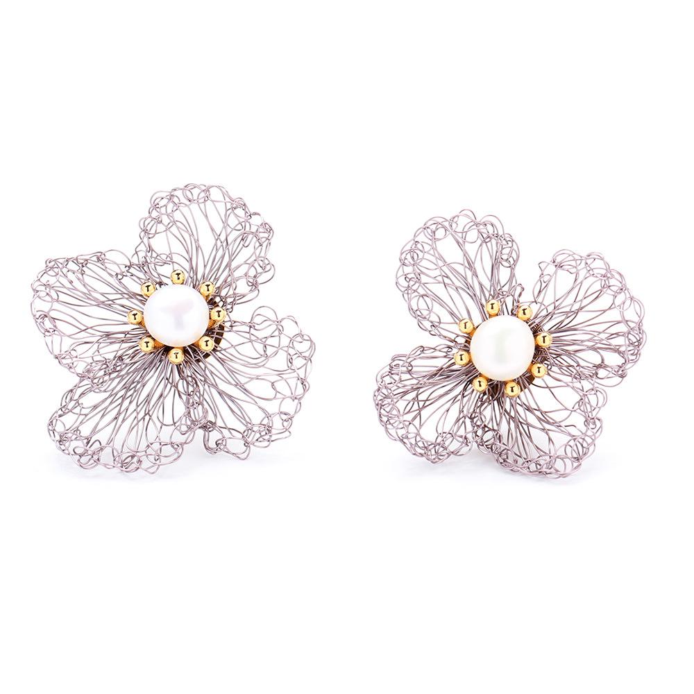 New niche purple silk handwoven purple flower stud earrings temperament silver needle freshwater pearl flower earrings