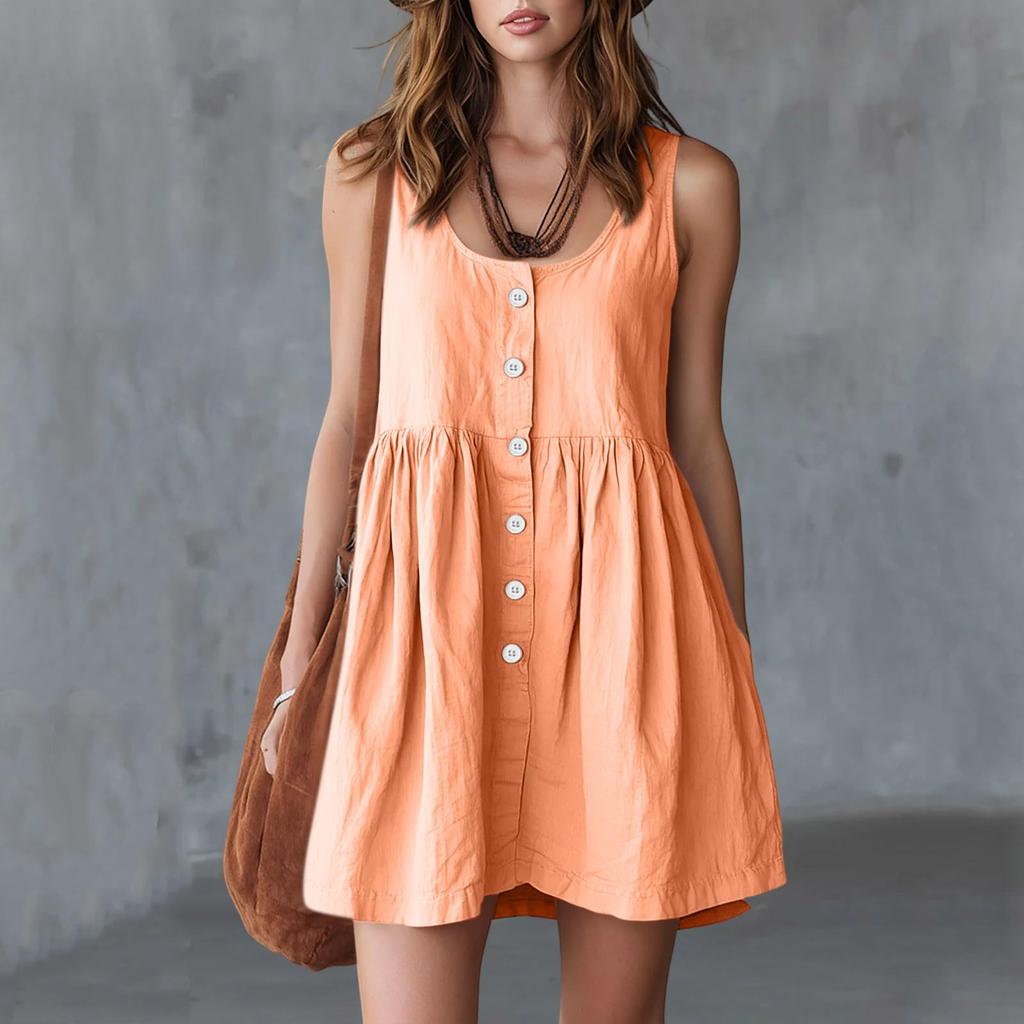 Women Sleeveless Round Neck Button Front Loose Fit Casual Summer Dress Soft Lightweight Fabric Flowy Design