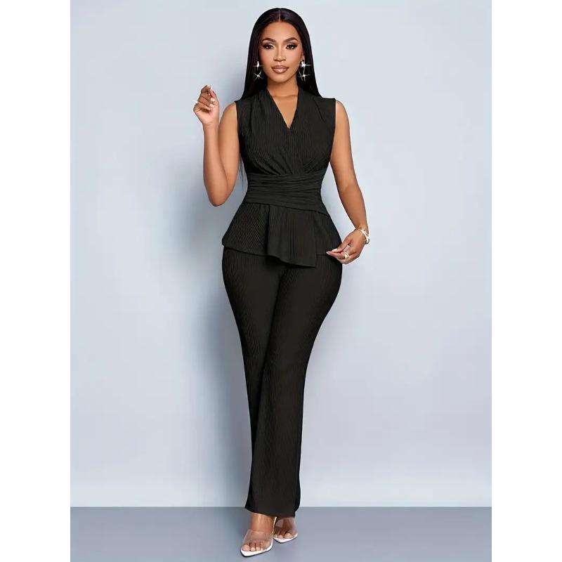 Spring and Summer Women's Two-piece Set of Elegant and Thin V-neck Sleeveless T-shirt and Wide-leg Pants Two-piece Set
