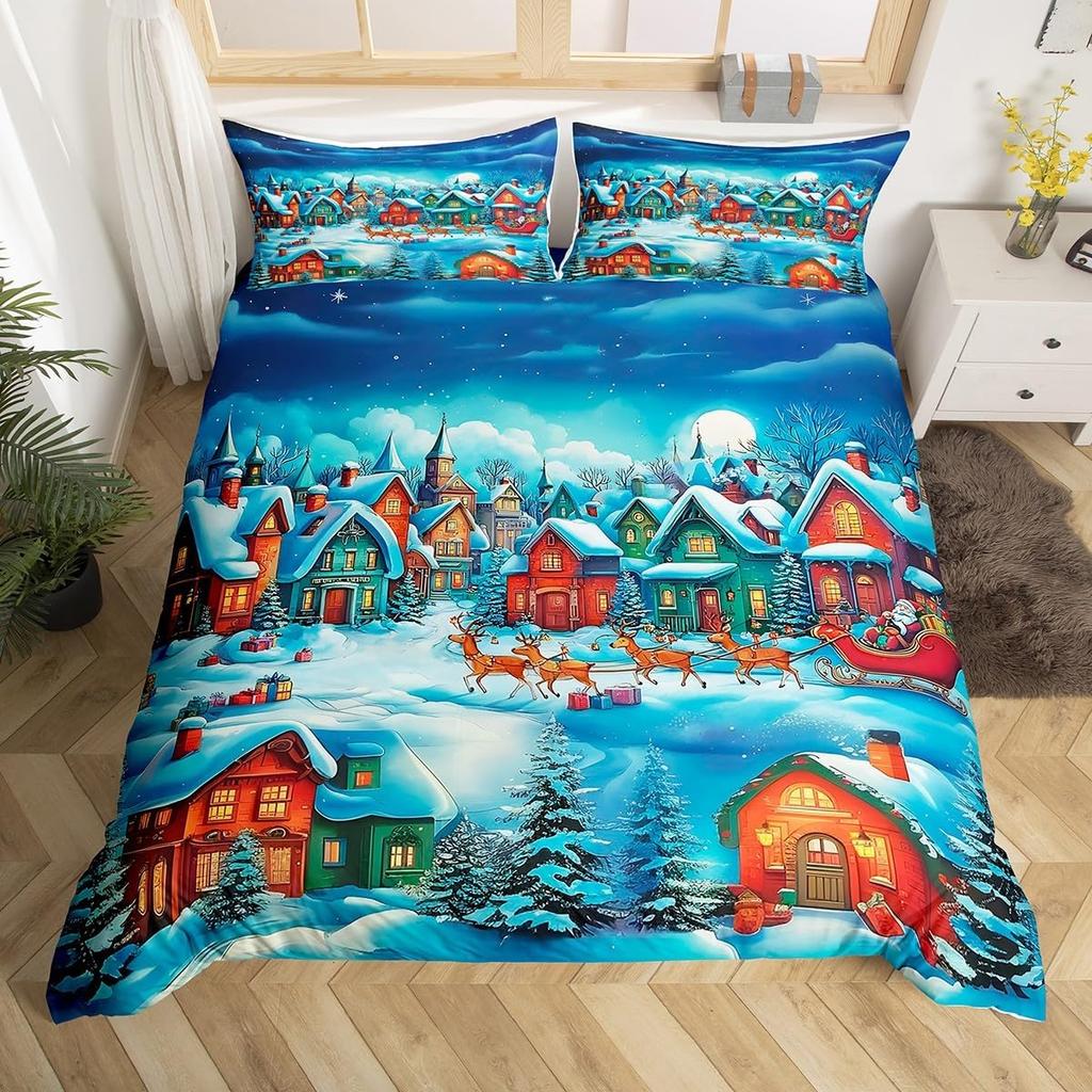 Kreslený Zimní Dům Povlak na Peřinu Roztomilé Zvíře Jelen Santa Claus Ložní Soupravy Vánoční Téma Rustikální Farmářský Styl Přikrývka