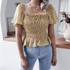 Women Spring Summer Chic Floral Print Shirt Blouse Top Square Collar Short Lantern Sleeve Ruffle Hem Slim Waist Simple Chiffon S-XL