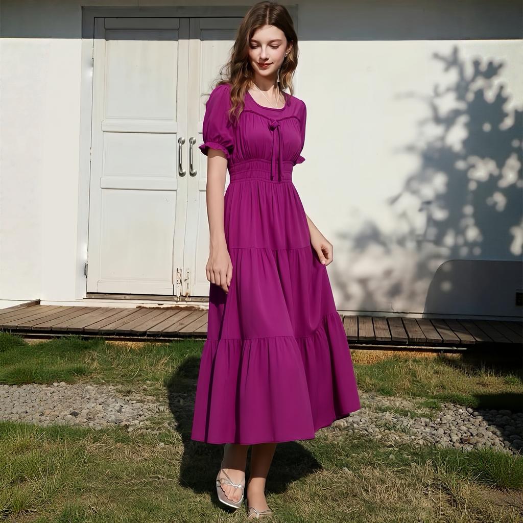 Summer Fashion Poly-cotton Square Collar Short-sleeve Midi Dress for Women Solid-color Puff Sleeve Ruffled Splice A-line Vacation Beach Dress