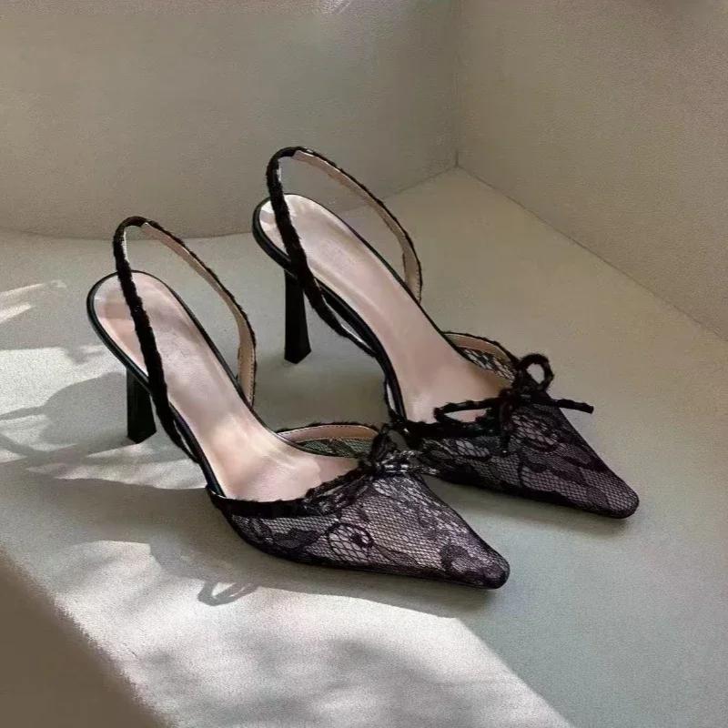 Fashion 2025Women's  Sandals Leopard Print Lace Pointed Toe Bow Heels Sexy Dress Designer Style Summer Zapatillas De Mujer