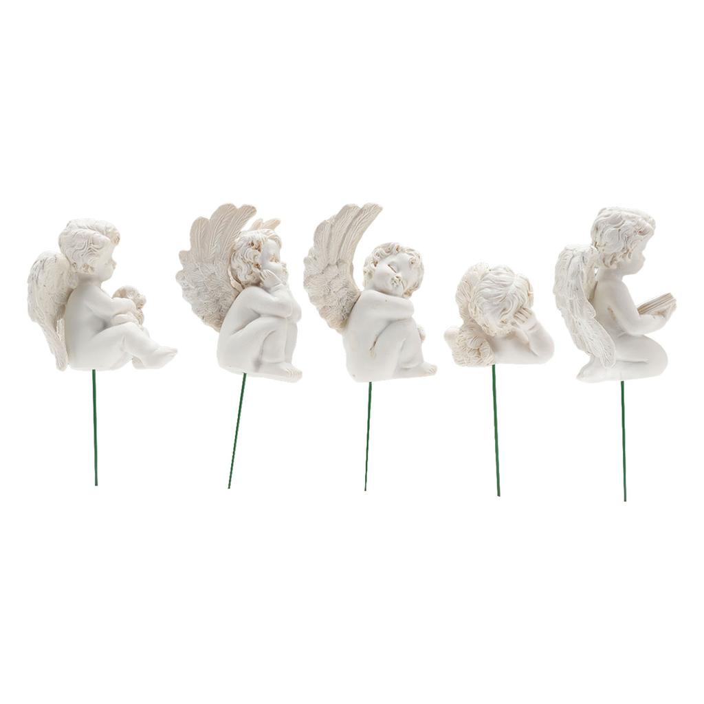 5 ks Figurka Cupida na tyčce Odolná pryskyřice Miniaturní Bílá Andělská Figurka pro Zahradu Zahrádku Trávníky