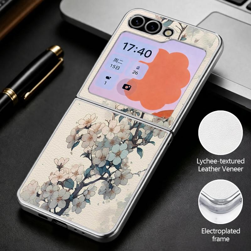Retro Watercolor Flower Print Case For Samsung Z Flip 8 7 6 5 Luxury Plating Leather Skin Folding Phone Cover For Galaxy Z Flip8 Flip7 Flip6