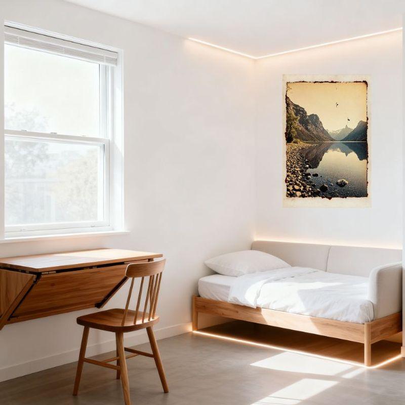 Vintage Lake Mountain Landscape Tin Sign, Rustic Snow-Capped Peaks & Calm Water Reflection Metal Poster, Antique Worn Border for