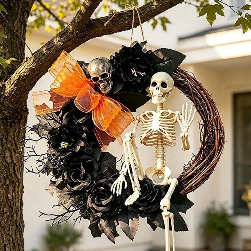 Bone-Themed Halloween Wreath Accent for Wall Presentation and Entryway Styling, Seasonal Piece for Party Scene, Entry Door, and Indoor Display