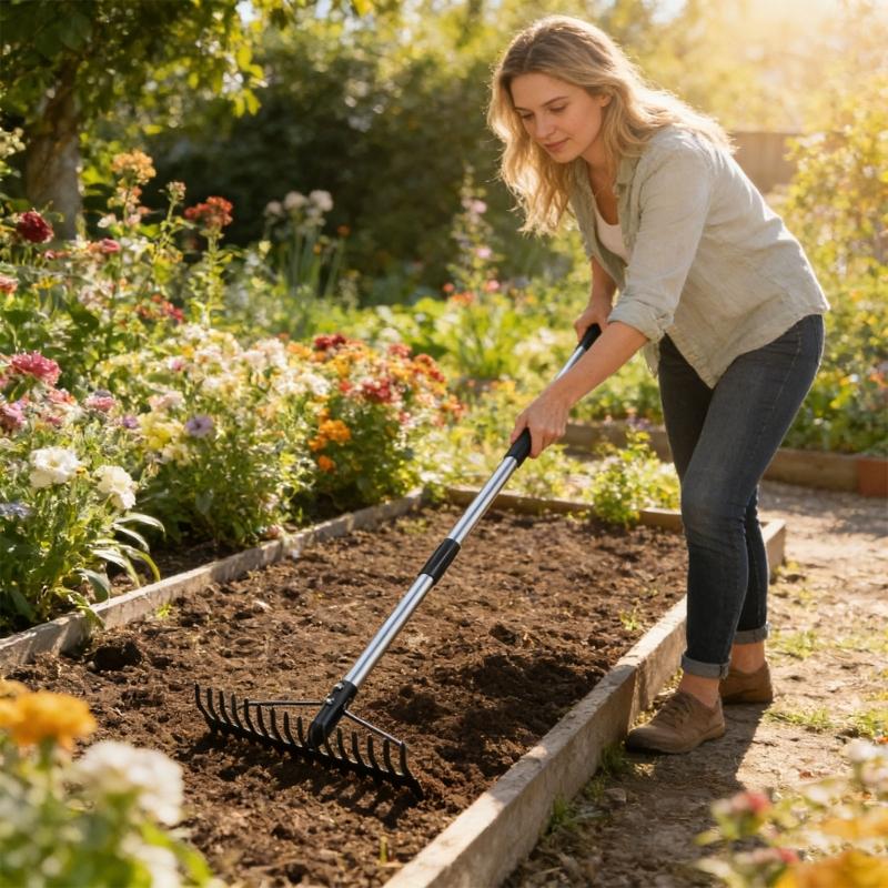 17 Prong Stainless Steel Garden Tool For Efficient Soil Cultivation And Debris Collection With Adjustable Handle