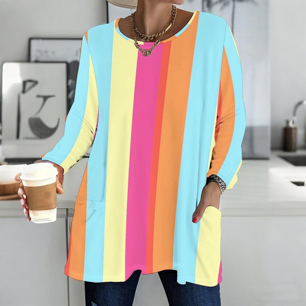 Ladies Plus Size Crew Neck Long Sleeve Tunic Soft Oversized Tops For Household And Casual Outdoor Wear