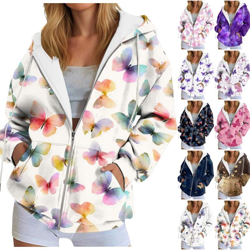 Stylish Printing Hooded Women'S Sweatshirt With Pockets Autumn/Winter Long-Sleeve Casual Hoodies Full Zipper Outdoor Sportwears