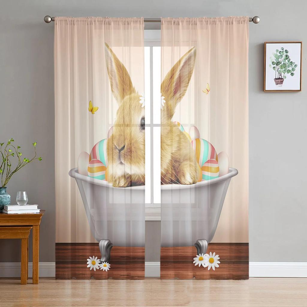 Hase Kaninchen mit Blumen Aquarell durchsichtiger Vorhang für Wohnzimmer moderne Voile Tüll Fenstervorhänge für Schlafzimmer Küche Vorhänge
