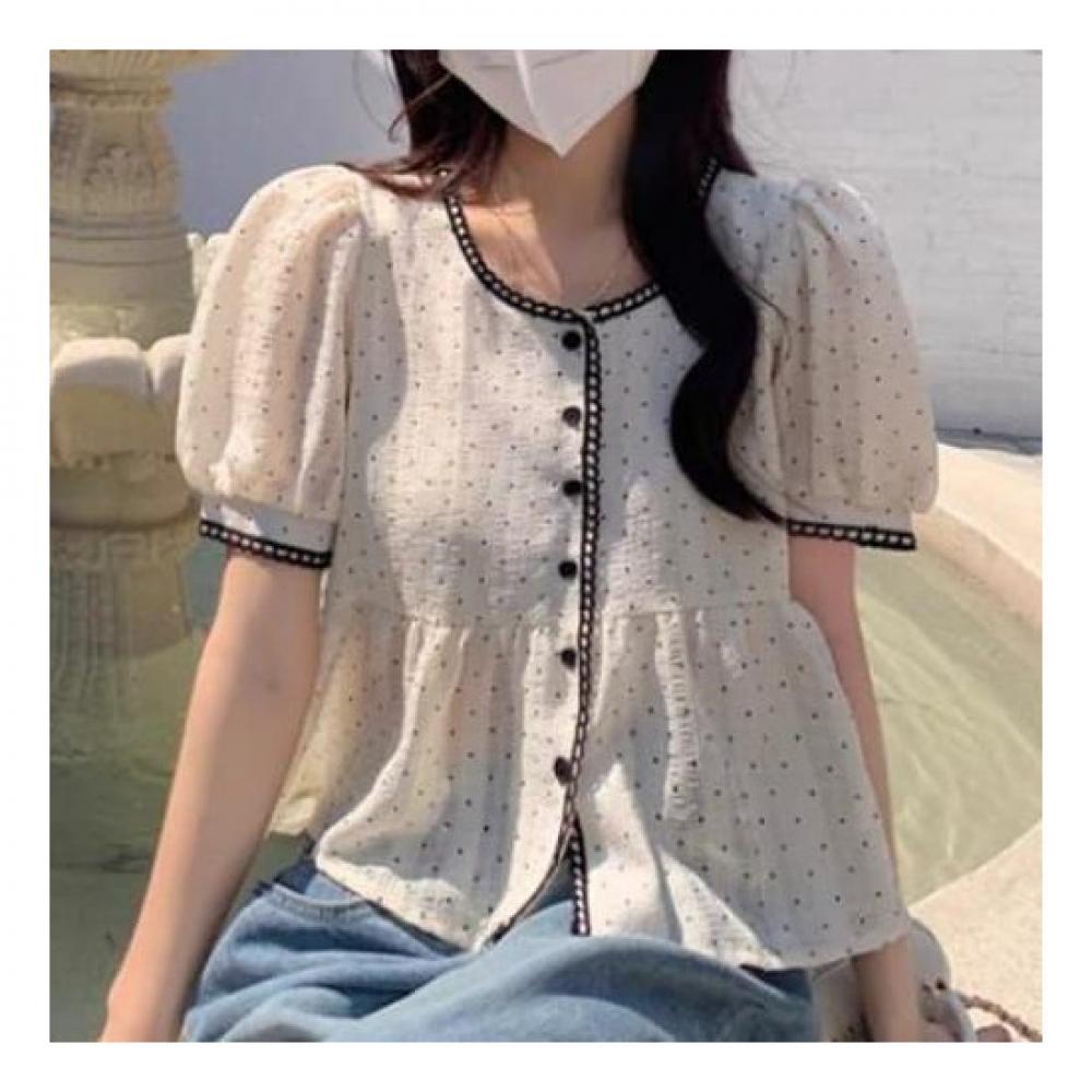 Navava Women Lovely Dot Puff Crop Short Sleeve Blouse Nb2122