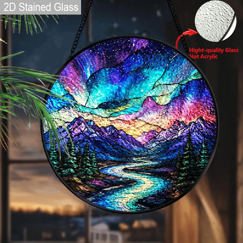 1pc 2D Flat Landscape Stained Glass Suncatcher, 6.3/7.87 Inch Starry Night Mountain Stained Glass Suncatcher, Home Decor, Garden Windocw Decor