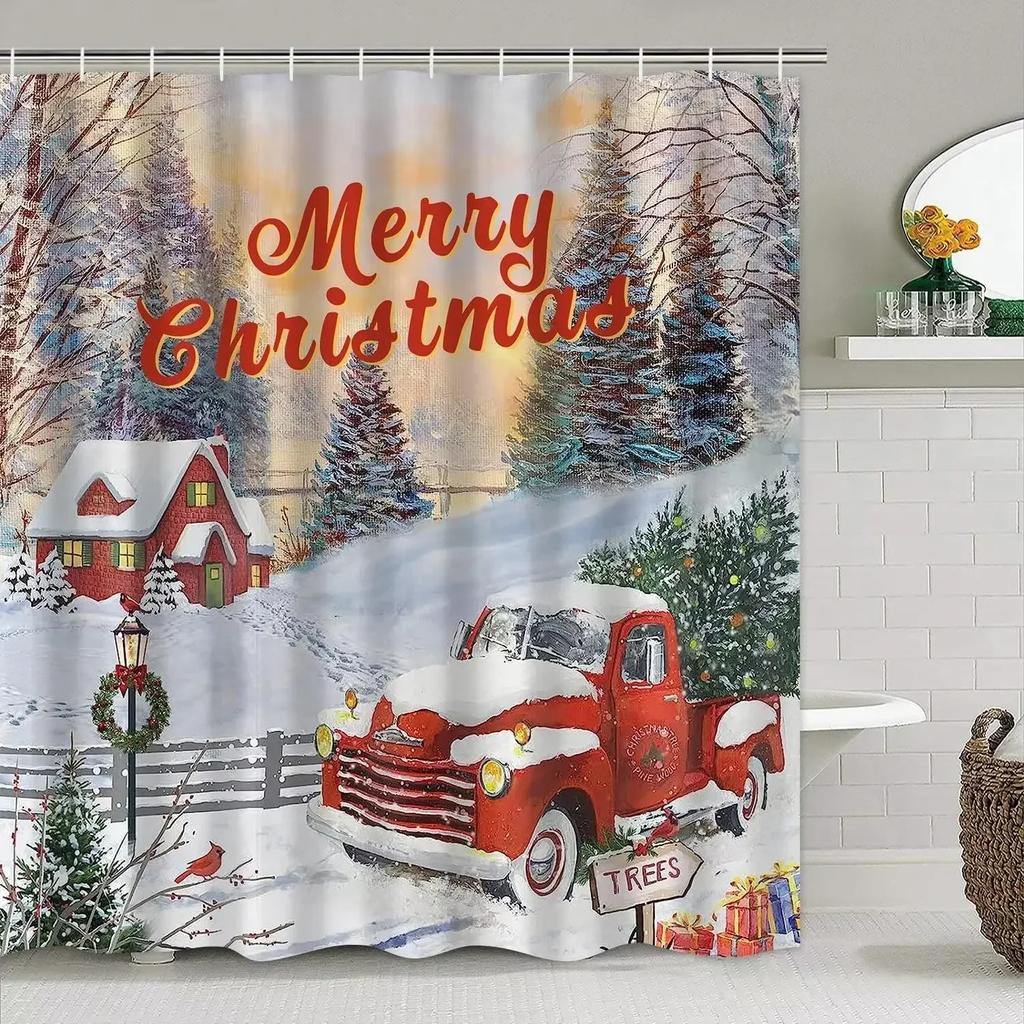Theme Shower Truck Christmas Tree Gift Deer Red Bird Pinecone Snow Scene Baths Curtain Bathroom DecorXT6
