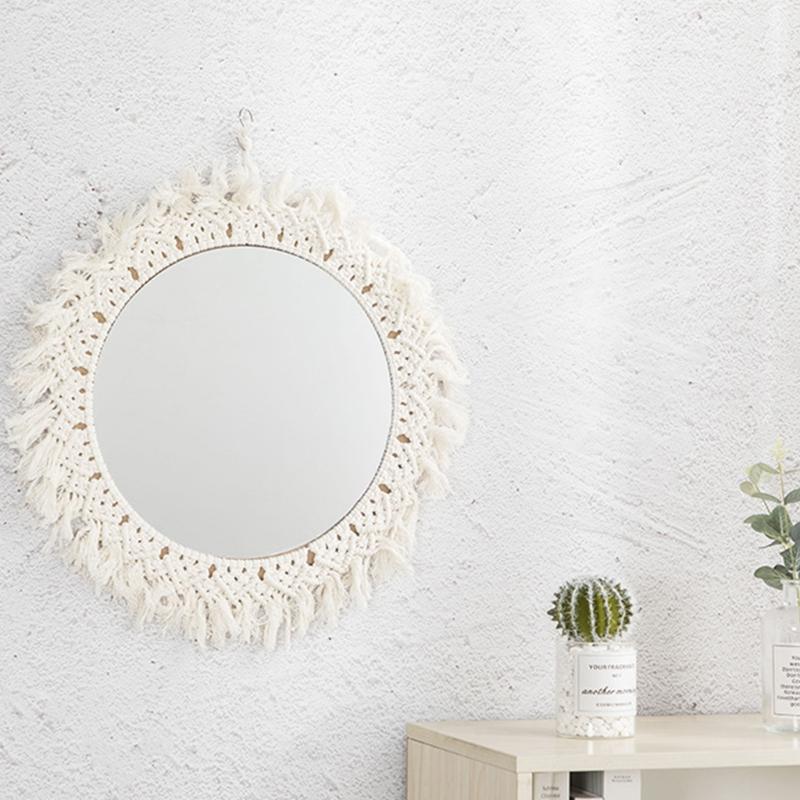 Handgefertigter Gewebter Hängender Wandspiegel Bohemian Antik Geflochtenes Baumwollseil Makramee Fransen Quasten Wandteppich Rund für Dropshipping