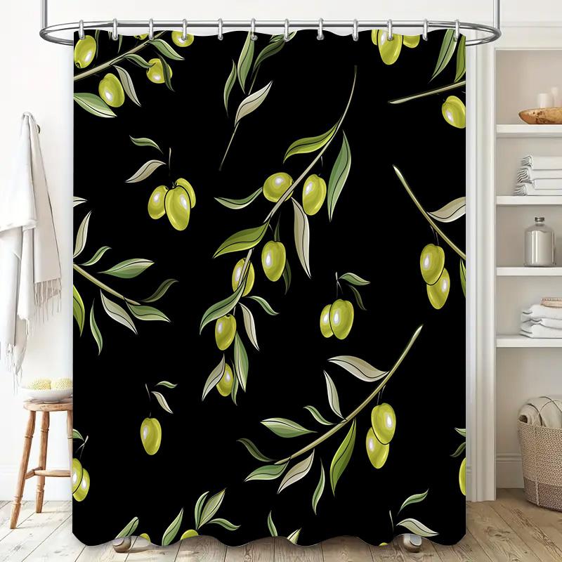 Green Olive Shower Curtain Black Background Modern Bathroom Decor Removable Vinyl Waterproof Fabric Print